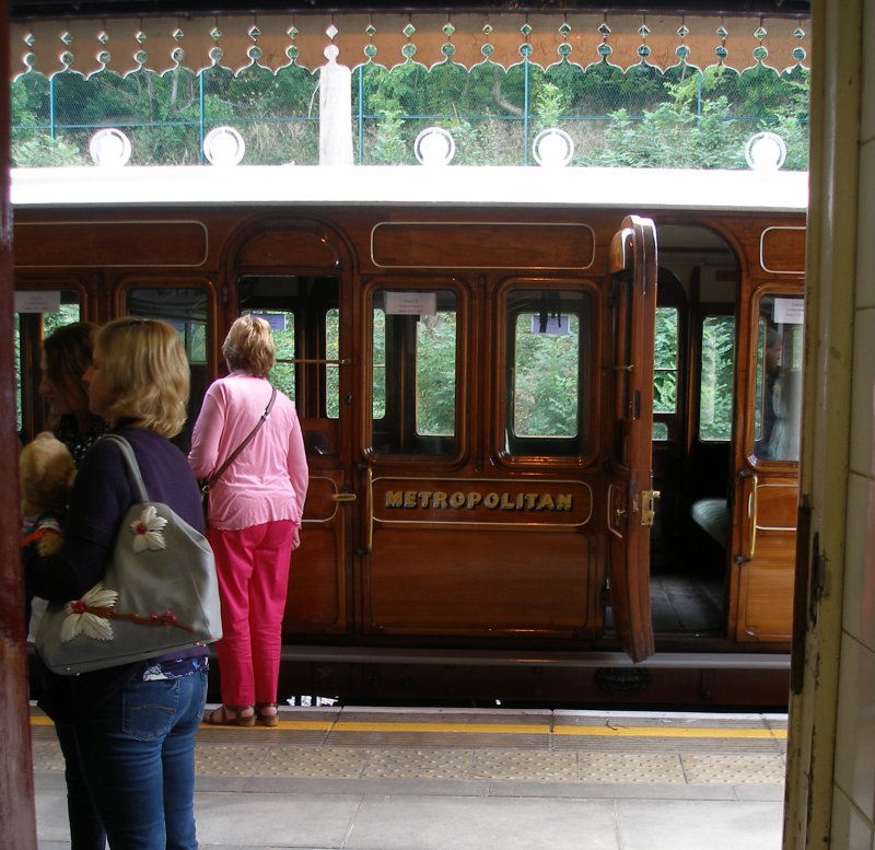 Chesham set coach side framed in a doorway at Chesham station 13 September 2015