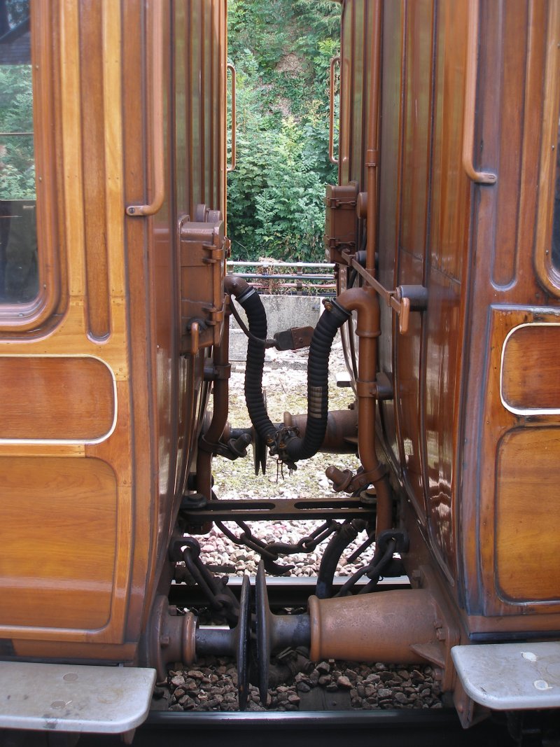 Detail of couplings between Metropolitan Coaches of the Chesham set showing semi-fixed coupling arrangement as seen at Chesham station on 13 September 2015.