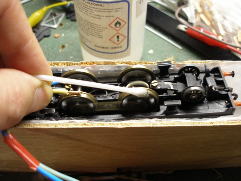 Wheel cleaning using a home-made loco houlder and cotton bud dipped in IPA