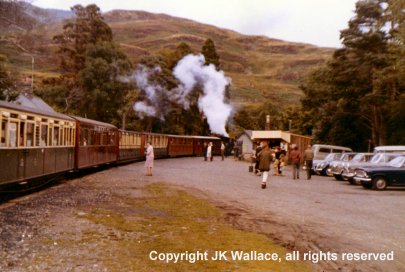 Ex-Penryn Quarry Railway 'Linda' is braked to a stop at the water tower at Tan-y-Bwlch station, Festiniog Railway, Sunday 31 July 1966 