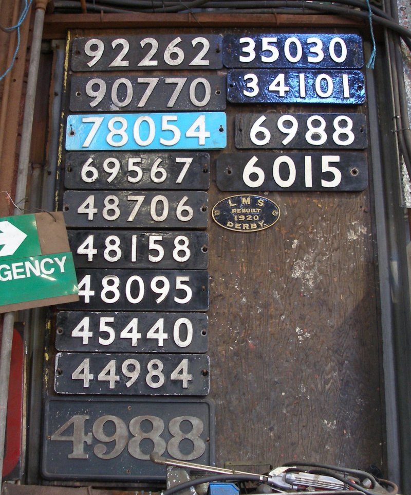 Numberplates on display in the Loughborough Railway workshops.