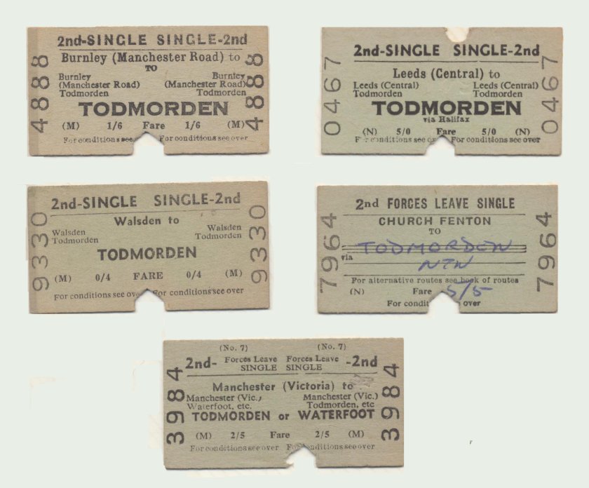Selection of single railway tickets to Todmorden from Burnley Manchester Road, Leeds Central, Walsden, Church Fenton and Manchester Victoria.