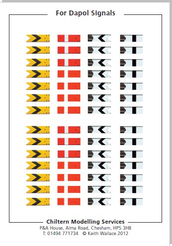 4mm OO scale Waterslide transfers for Dapol BR/LMS upper quadrant semaphore signal arms containing home and distant arms.